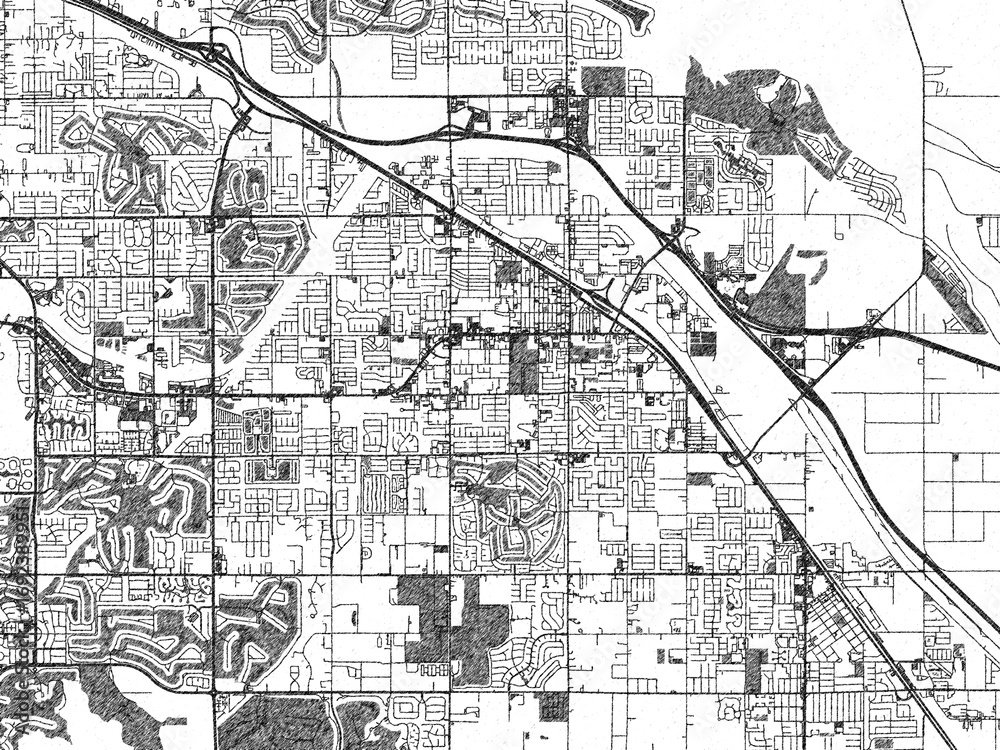 Fototapeta premium Minimalist map of Indio, California, illustrated in black and white with a bold street grid and shaded parks.
