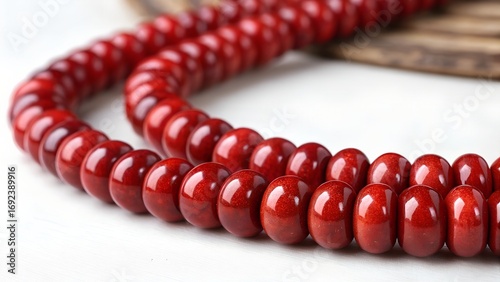 Red beaded necklace close-up.