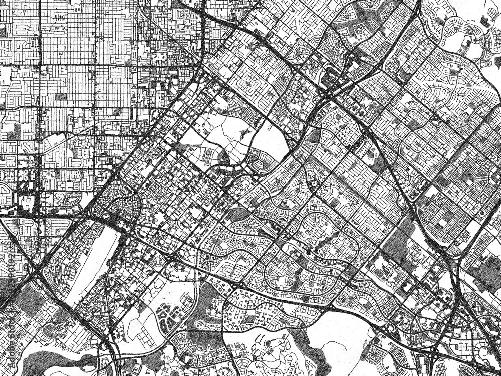 Naklejka premium Black and white map of Irvine, California, designed in a digital hand-drawn style, highlighting roads, parks, and rivers.