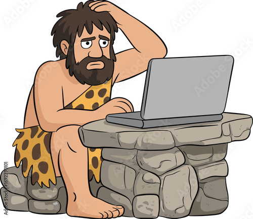 Thoughtful caveman with beard and messy hair using laptop, sitting on stone seat, prehistoric man working with modern technology, confused cartoon character, digital age humor.