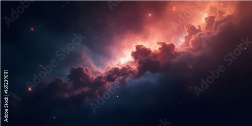 Fiery sky with exploding flames and smoke above clouds