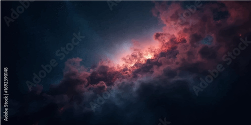 Fiery clouds of smoke and light create an abstract stormy night sky with stars and moons