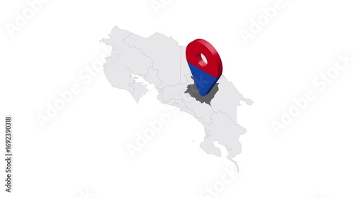 Location Cartago Province on map Costa Rica. 3d Cartago Province flag map marker location pin. Map of Costa Rica showing different parts. 4K.  Animated Video