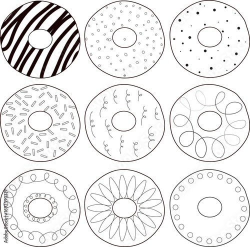 Set of donut icons in outline style. Vector sweet dessert collection with different glaze patterns. Minimal linear design for food, pastry, bakery, cafe decoration.