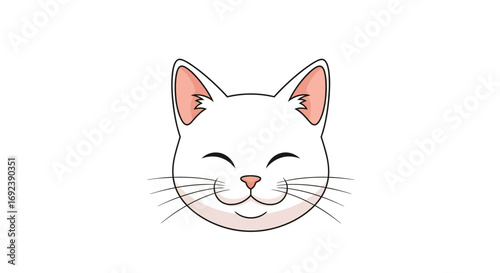 Happy white cat face with closed eyes and whiskers, illustration