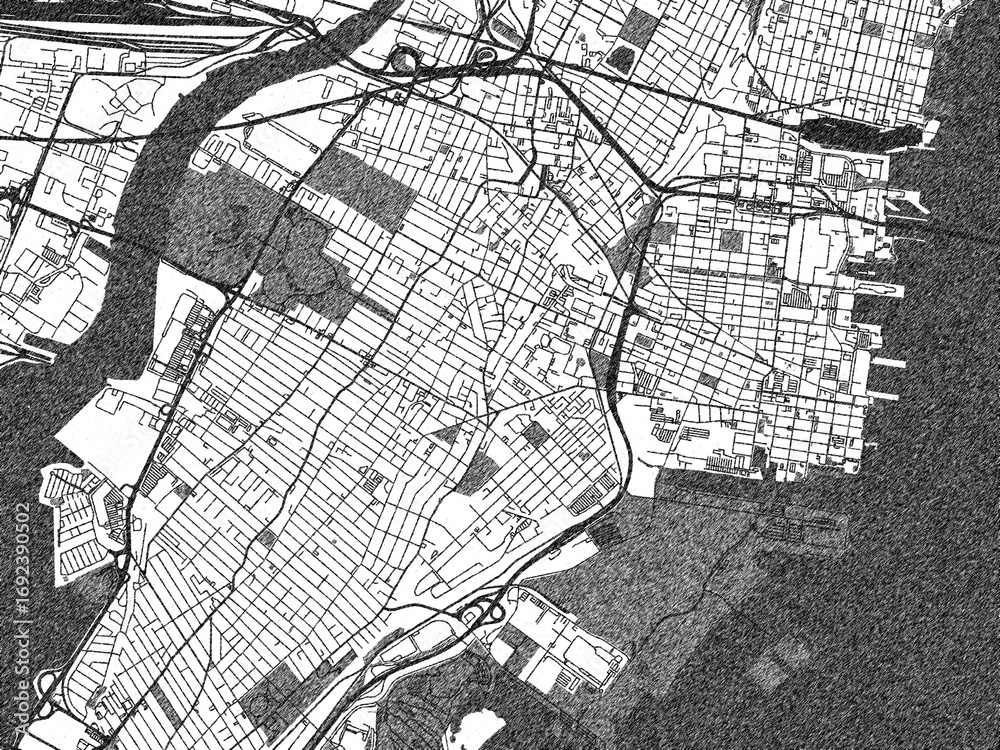 Naklejka premium Hand-drawn style black and white city map illustration of Jersey City New, Jersey, with detailed streets and shaded textures.