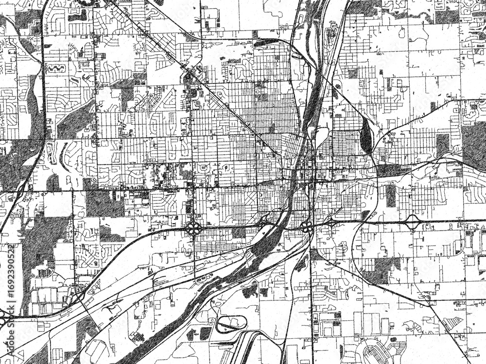 Fototapeta premium Urban map of Joliet, Illinois, illustrated in monochrome with a strong grid and shaded elements.