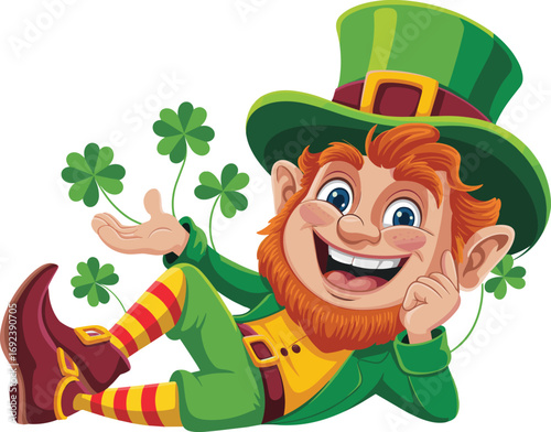 Cheerful leprechaun in green outfit with big hat, red beard, smiling face, holding shamrocks, Irish folklore character, St. Patrick’s Day symbol, festive cartoon illustration.