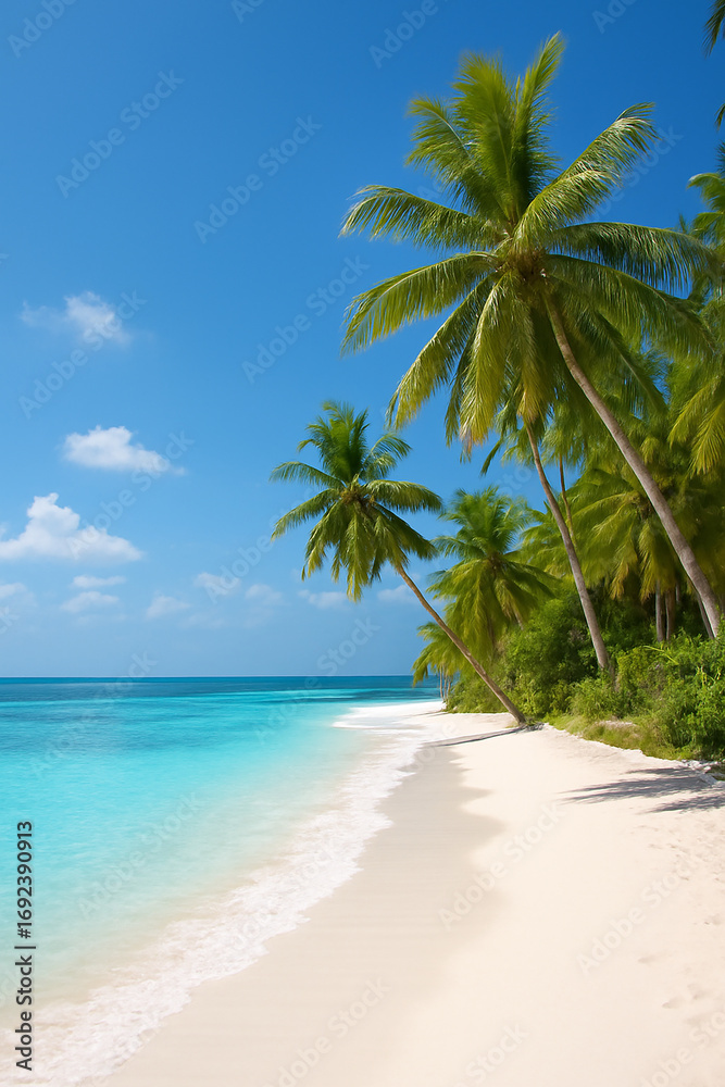 Obraz premium Tropical Beach with Palm Trees and Crystal Clear Blue Waters