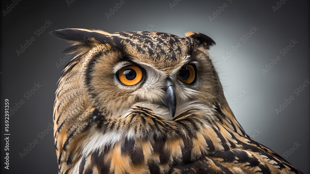 Fototapeta premium Close-up portrait of owl with sharp orange eyes and detailed feathers against neutral background perfect for wildlife photography, birdwatching visuals and educational zoology materials