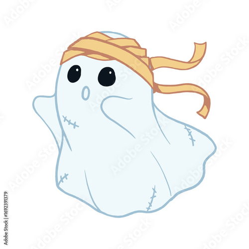 Cute cartoon ghost dressed as a mummy for Halloween.