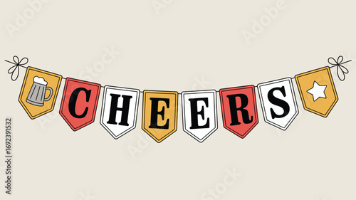 Illustrated cheers banner with beer mug and star pennants against a light beige background scene image