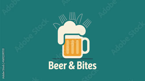 A stylized beer mug with foam and cutlery icons on a teal background with beer & bites text below it