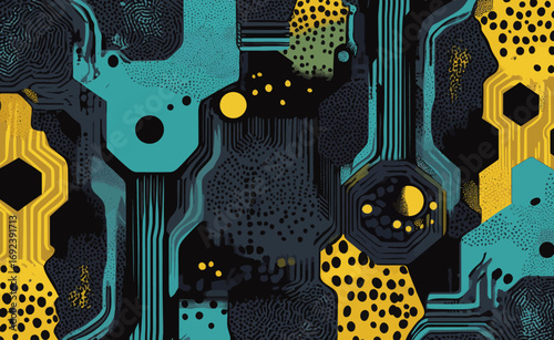 A power neon light tech futuristic pattern is created through the combination of a seamless abstract modern futuristic dark techno texture, a blue electron energy line on a gray background, and black