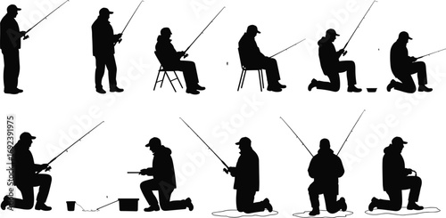 Set of black silhouette fishermen in various poses, fishing rods, sitting, standing, kneeling, with buckets, fishing gear, outdoor leisure activity.