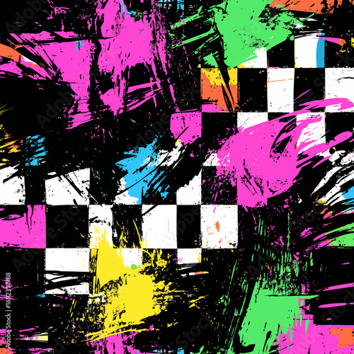 Bright neon colors define this trendy repeat design, which features a seamless abstract grunge pattern with paint splashes, chaotic strokes, spots, stains, and a checkered grid, creating a dirty