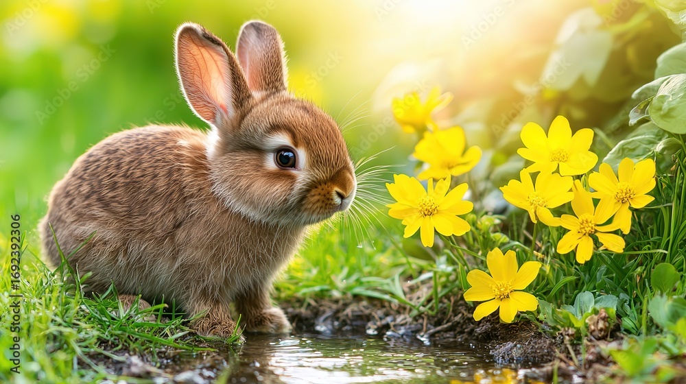 Fototapeta premium Cute Easter Bunny on Spring Meadow with Yellow Flowers and Water in Sunlight, Natural Holiday Background 