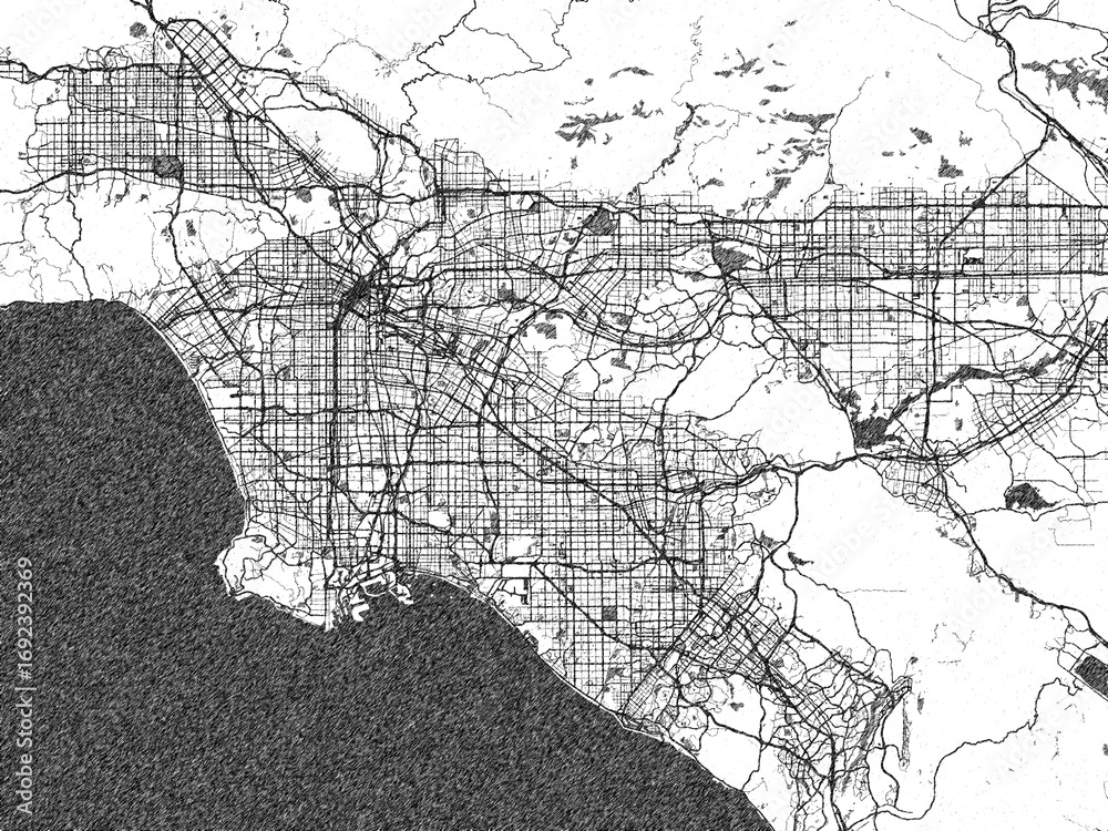 Fototapeta premium Monochrome map illustration of Los Angeles, California, with hand-drawn style textures highlighting its streets and rivers.