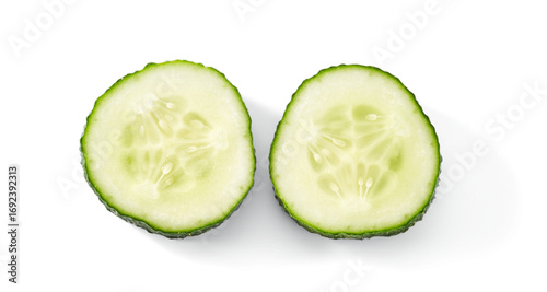 Slices of cucumber isolated on white background. Top view.