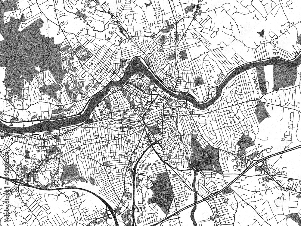 Naklejka premium Detailed black and white map of Lowell, Massachusetts, designed in a sketch-style illustration for creative use.