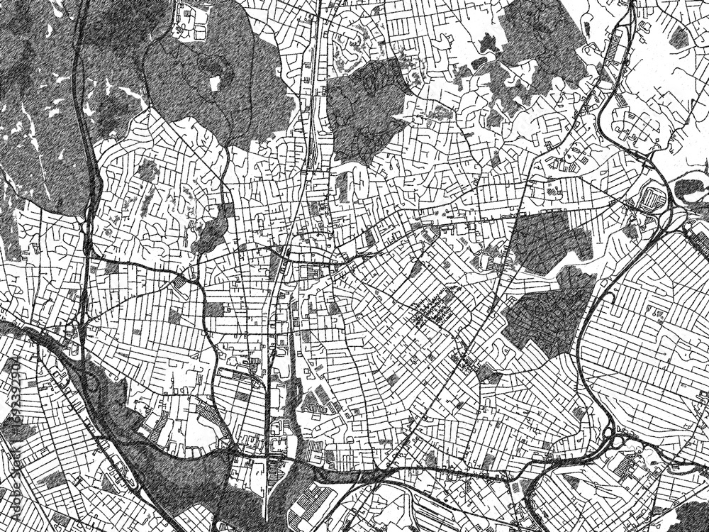 Fototapeta premium Illustrated monochrome map of Malden, Massachusetts, created in a hand-drawn digital style for decorative and editorial use.