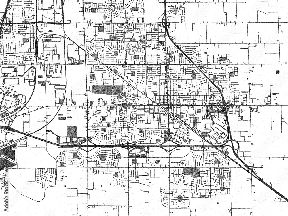 Fototapeta premium Stylized illustration of Manteca, California, showing its roads and neighborhoods in sketch-like black and white.