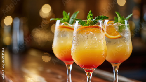 Colorful summer cocktails with orange slices, ice and mint in elegant glasses on bar counter with warm bokeh lights
