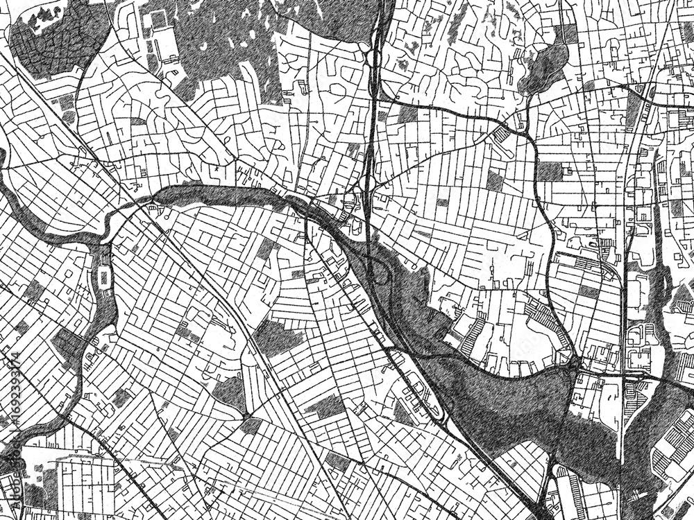 Naklejka premium Artistic city map of Medford, Massachusetts, created in hand-drawn black and white for editorial or decorative projects.