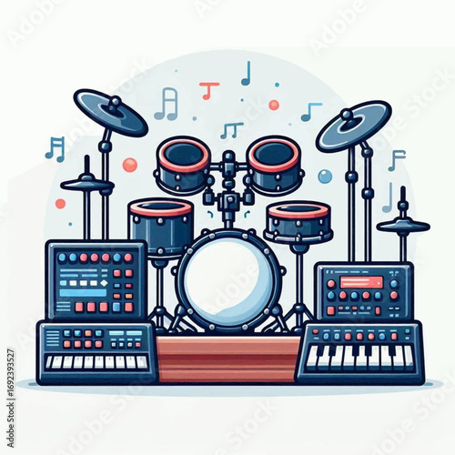 A cartoon drum set with keyboards cymbals drums and musical notes on a light background
