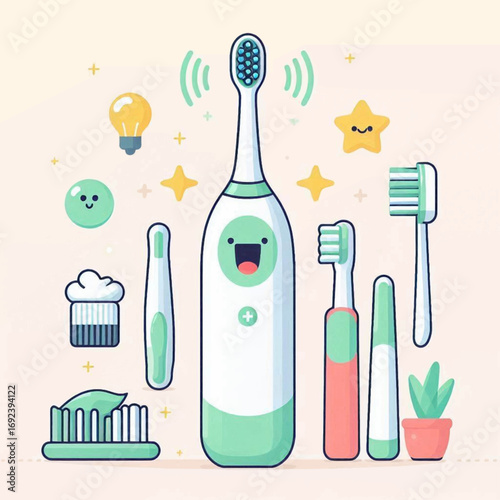 A colorful illustration features toothbrushes with playful cartoonlike designs on a soft background