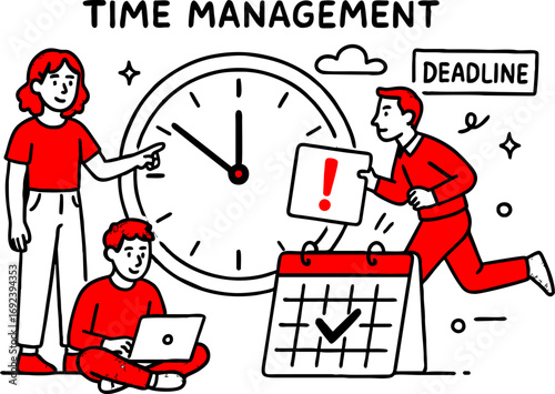 Time management icons human characters, checkboxes, clock, deadline vector ilustration. Distribution of priority of tasks, strategic planning, organization of working time, management schedule