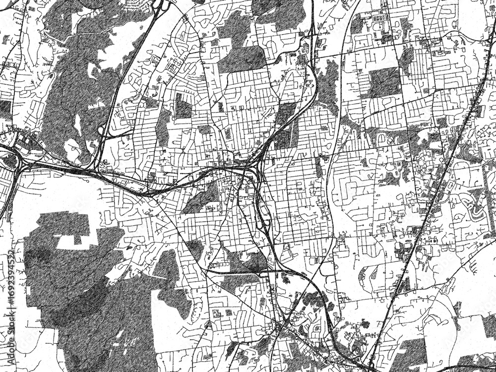 Naklejka premium Monochrome sketch map of New Britain, Connecticut, highlighting roads, rivers, and urban design.