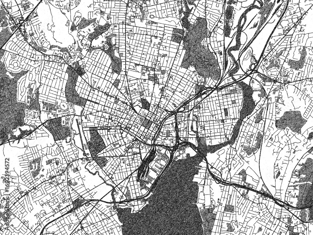 Naklejka premium Black and white map of New Haven, Connecticut, designed in a digital hand-drawn style, highlighting roads, parks, and rivers.