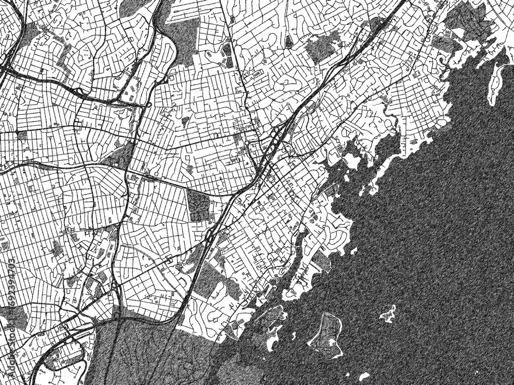 Fototapeta premium Decorative map of New Rochelle New, York, in hand-drawn digital style, balancing urban detail with a monochrome look.