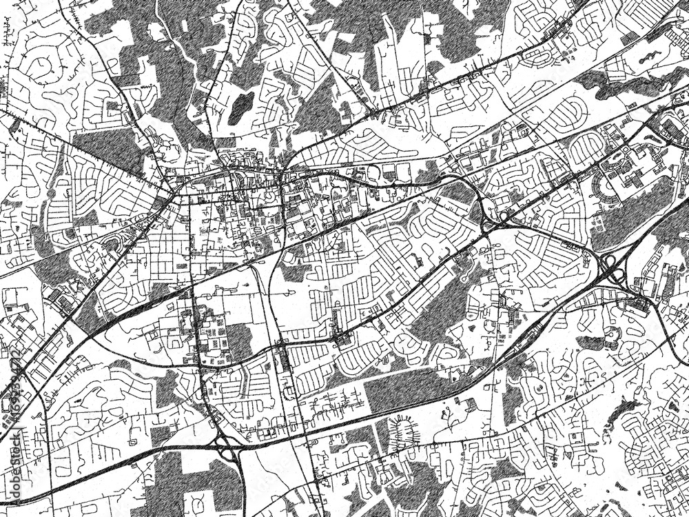 Naklejka premium Stylized monochrome city map of Newark, Delaware, created in a hand-drawn digital style with bold lines and shaded textures.