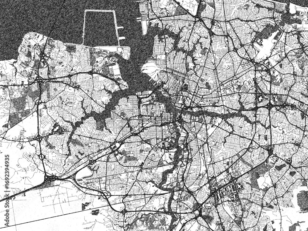 Fototapeta premium Sketch-style city map of Norfolk Metro, Virginia, in monochrome black and white, perfect for wall art and editorial use.