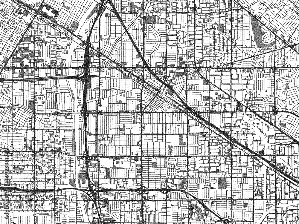Obraz premium Stylized monochrome city map of Norwalk, California, created in a hand-drawn digital style with bold lines and shaded textures.