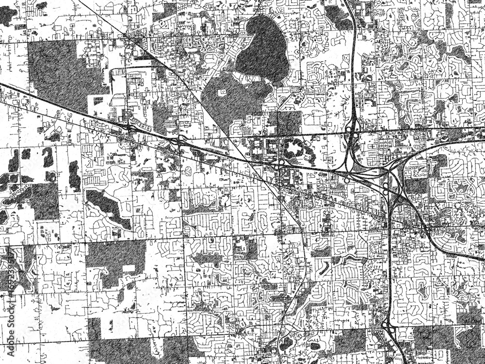 Fototapeta premium Urban map of Novi, Michigan, illustrated in monochrome with a strong grid and shaded elements.