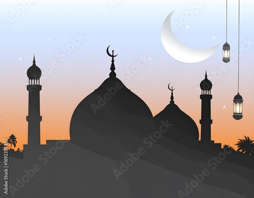 Silhouette of mosque at sunset