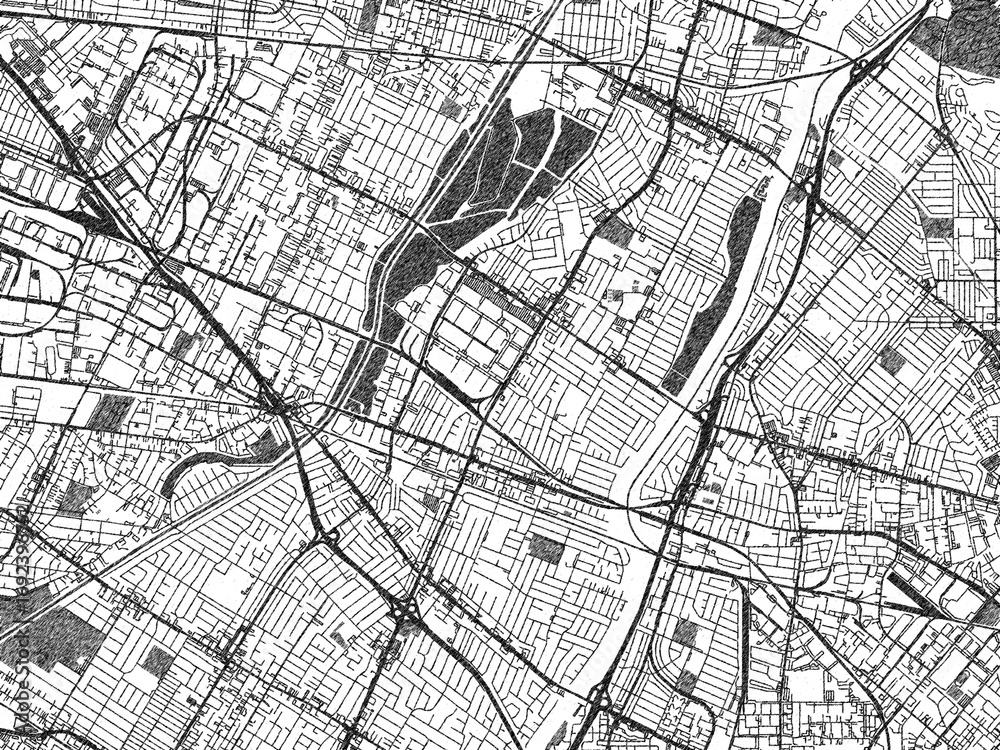 Obraz premium Minimal city map illustration of Pico_Rivera, California, in hand-drawn style monochrome with strong gridlines and shaded areas.