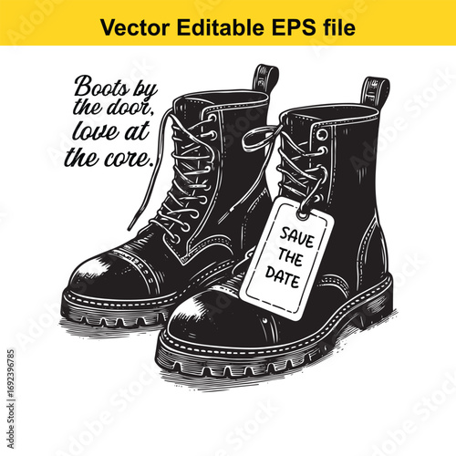 Black leather combat boots with laces and a tag saying save the date isolated on white background