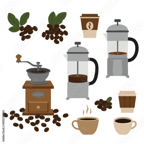 Flat 2D vector illustration of roasted coffee beans scattered with a vintage coffee grinder, French press, and two minimalist coffee cups on a crisp white background.