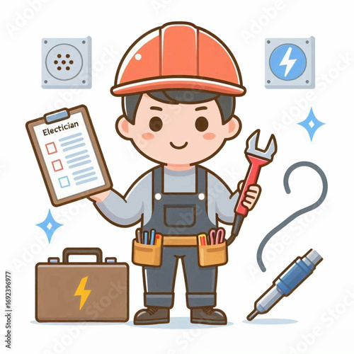Cartoon electrician with a clipboard hard hat tools and electrical box icons