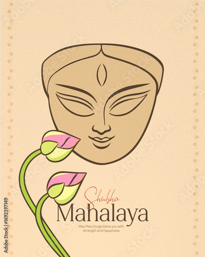 Shubho Mahalaya greeting card featuring a line art illustration of Maa Durga's face and lotus buds; a vertical poster for Durga Puja wishes and social media