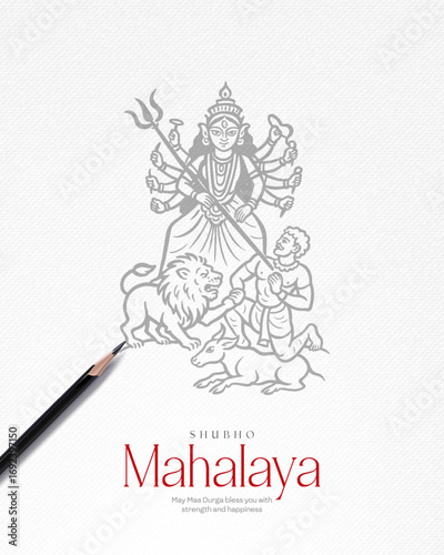 Maha Mahalaya poster featuring a detailed hand-drawn pencil sketch of the Dashabhuja (ten-armed) Goddess Durga, an artistic greeting for social media