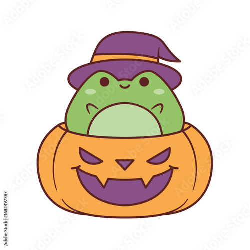 Cute frog in a Halloween pumpkin.