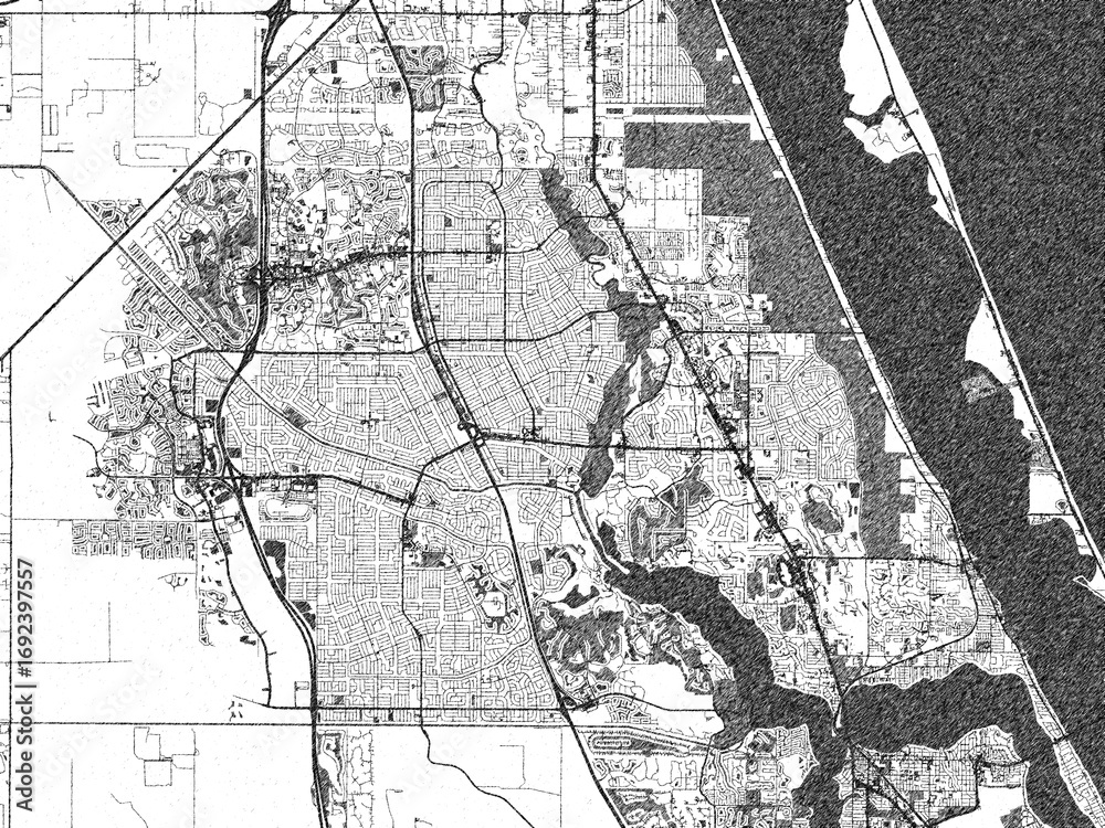 Naklejka premium Stylized illustration of Port St. Lucie, Florida, showing its roads and neighborhoods in sketch-like black and white.