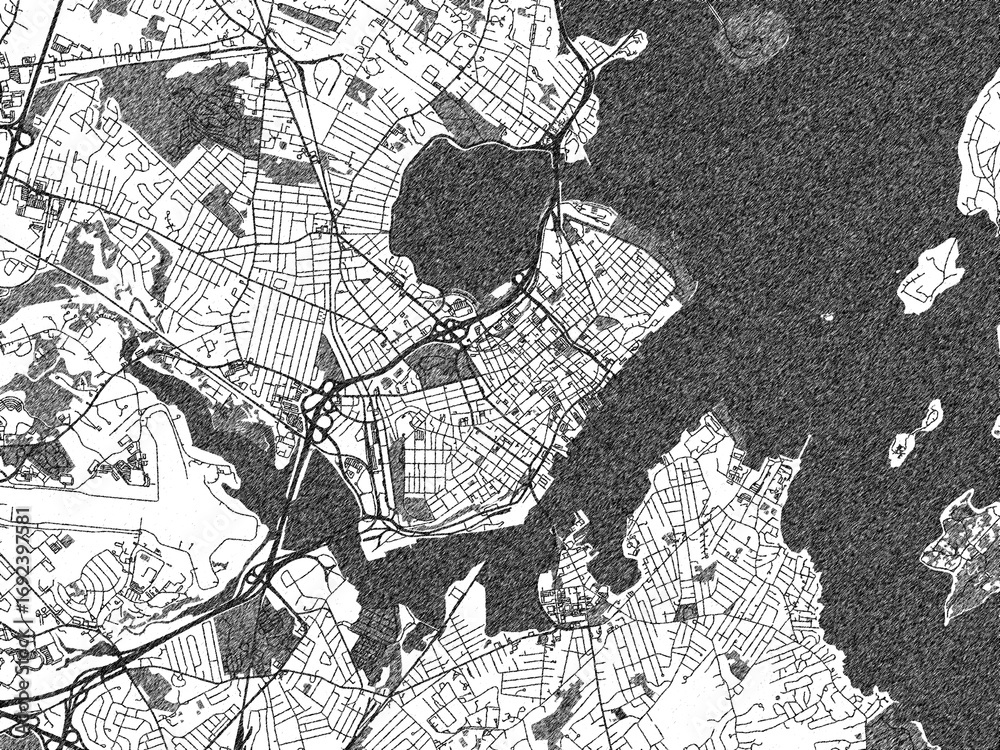 Fototapeta premium Artistic city map of Portland, Maine, created in hand-drawn black and white for editorial or decorative projects.