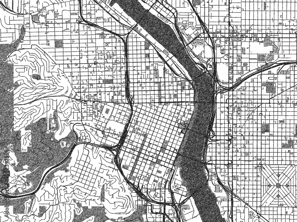 Naklejka premium Monochrome map illustration of Portland Center, Oregon, with hand-drawn style textures highlighting its streets and rivers.