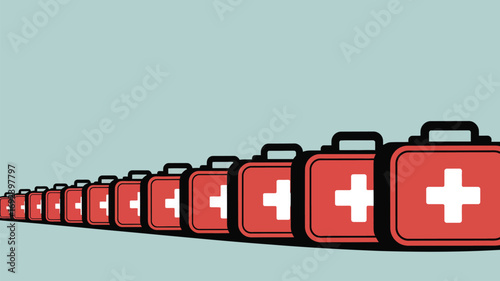 A row of red first aid kits with white cross symbols receding into the distance on a light blue background